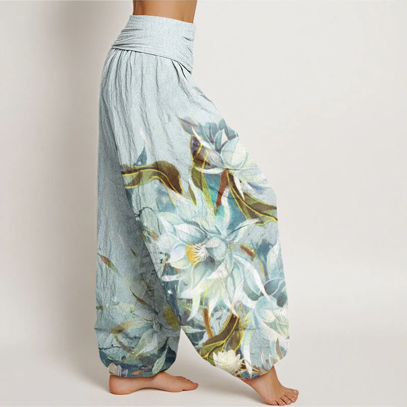 Pantaloni harem da donna con elastico in vita e motivo a fiori di Epiphyllum in cotone con Buddha Stones - Image 3