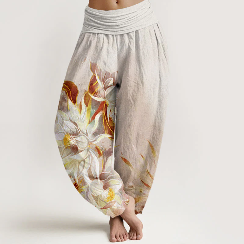 Pantaloni harem da donna con elastico in vita e motivo a fiori di Epiphyllum in cotone con Buddha Stones - Image 5