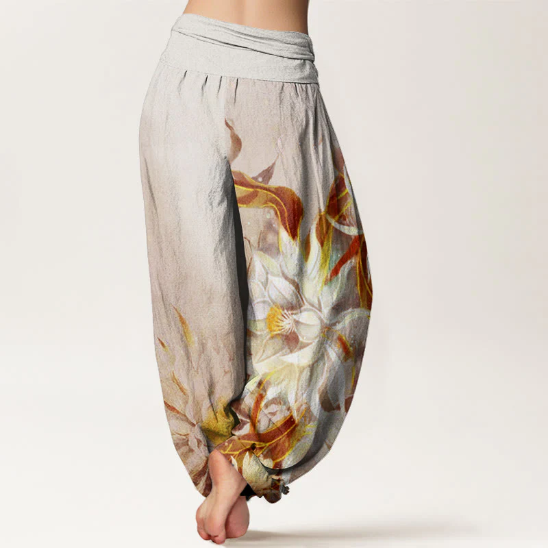 Pantaloni harem da donna con elastico in vita e motivo a fiori di Epiphyllum in cotone con Buddha Stones - Image 6