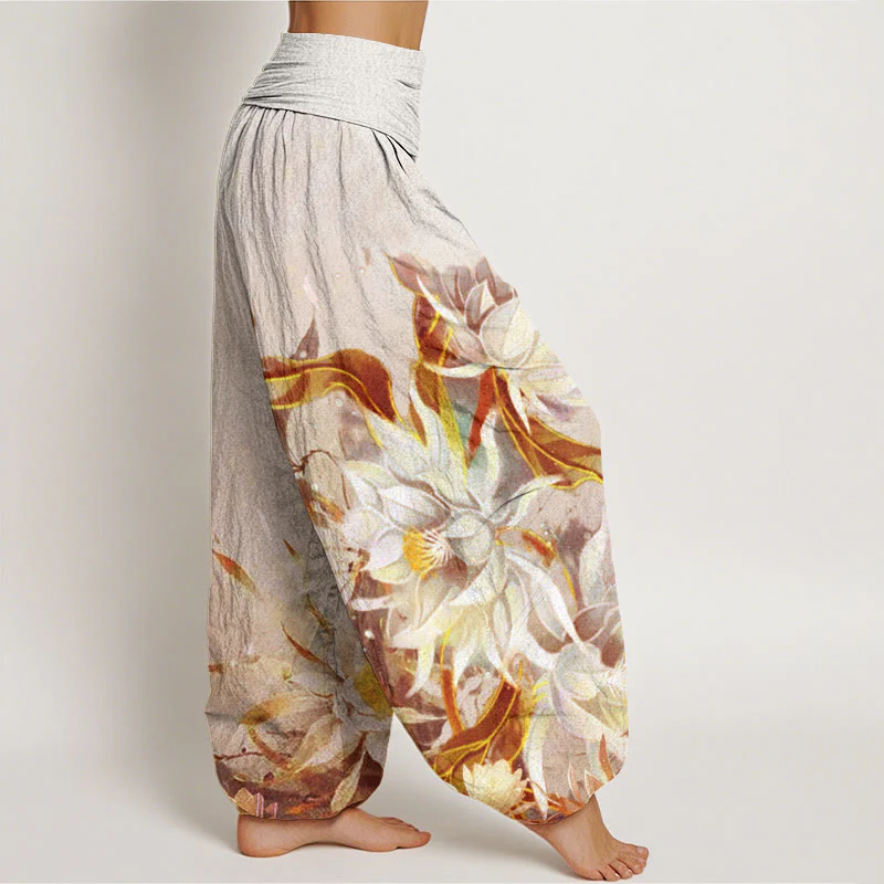 Pantaloni harem da donna con elastico in vita e motivo a fiori di Epiphyllum in cotone con Buddha Stones - Image 7