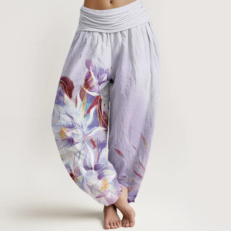 Pantaloni harem da donna con elastico in vita e motivo a fiori di Epiphyllum in cotone con Buddha Stones - Image 8