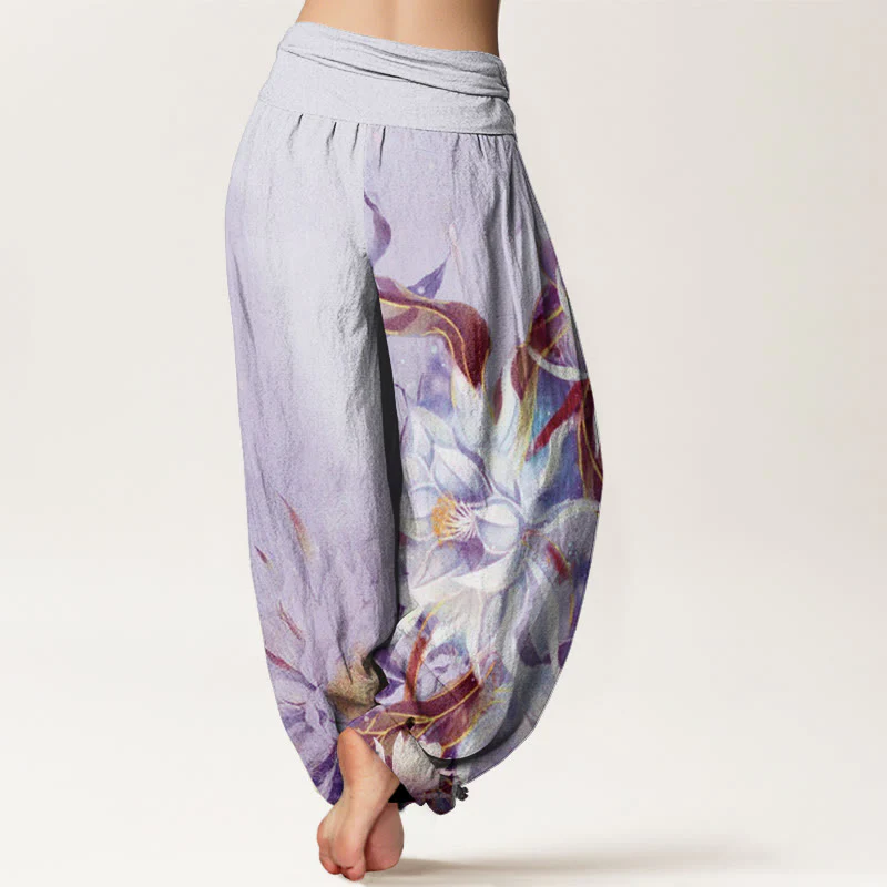 Pantaloni harem da donna con elastico in vita e motivo a fiori di Epiphyllum in cotone con Buddha Stones - Image 9