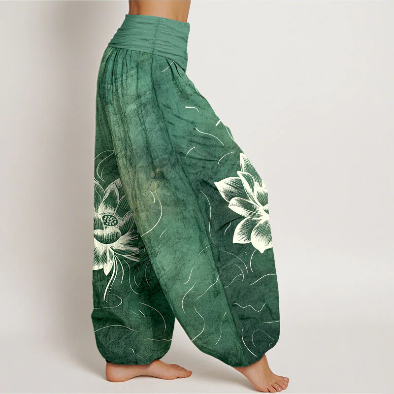 Pantaloni harem da donna con elastico in vita e motivo a fiori di loto in puro cotone Buddha Stones - Image 3