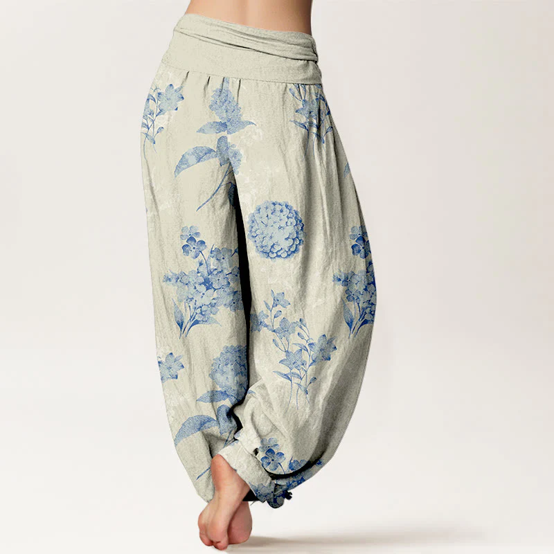Pantaloni harem da donna con elastico in vita e motivo a fiori di ortensia e Buddha Stones in cotone rinfrescante - Image 2