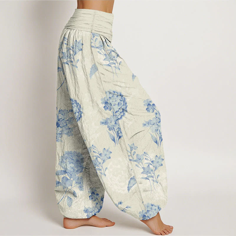 Pantaloni harem da donna con elastico in vita e motivo a fiori di ortensia e Buddha Stones in cotone rinfrescante - Image 3