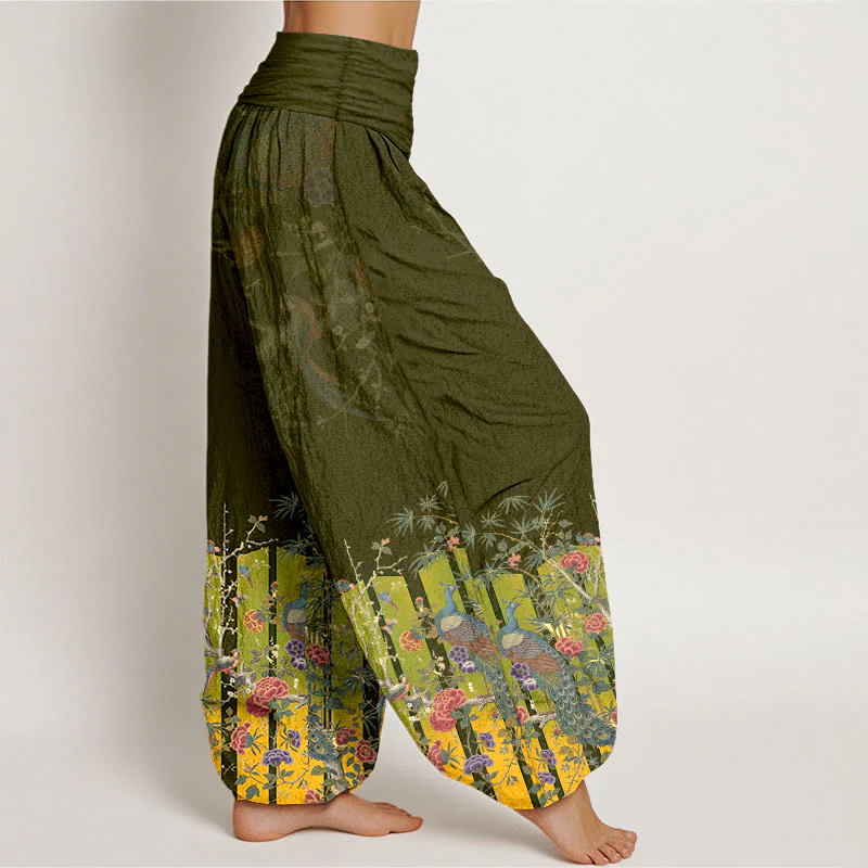 Pantaloni harem da donna con elastico in vita e motivo a fiori di pavone in cotone Buddha Stones - Image 11