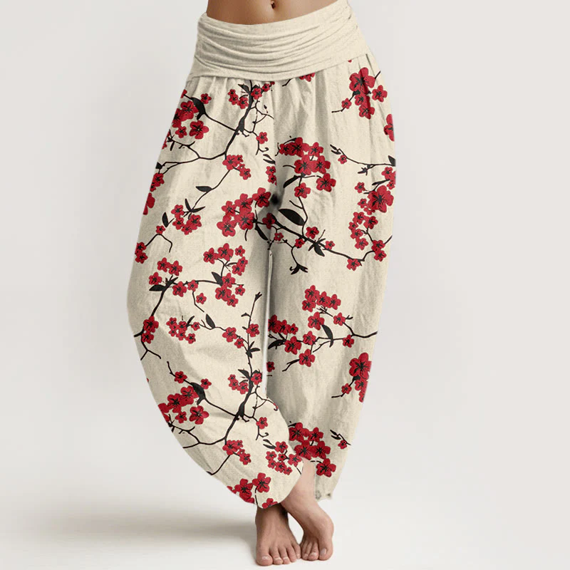 Pantaloni harem da donna con elastico in vita e motivo a fiori di pesco rosso in cotone Buddha Stones