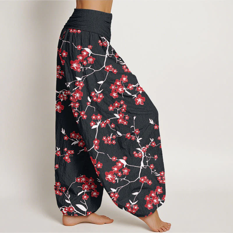 Pantaloni harem da donna con elastico in vita e motivo a fiori di pesco rosso in cotone Buddha Stones - Image 10