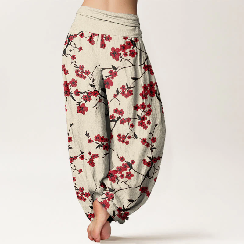 Pantaloni harem da donna con elastico in vita e motivo a fiori di pesco rosso in cotone Buddha Stones - Image 2
