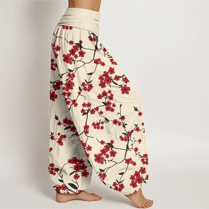 Pantaloni harem da donna con elastico in vita e motivo a fiori di pesco rosso in cotone Buddha Stones - Image 3