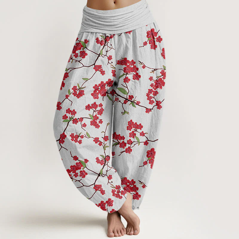 Pantaloni harem da donna con elastico in vita e motivo a fiori di pesco rosso in cotone Buddha Stones - Image 5