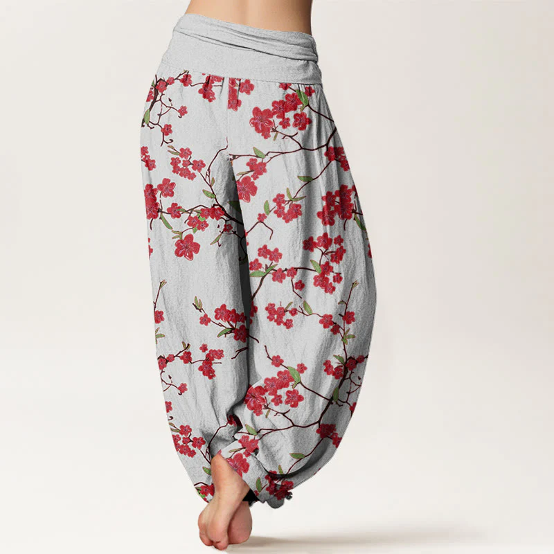 Pantaloni harem da donna con elastico in vita e motivo a fiori di pesco rosso in cotone Buddha Stones - Image 6