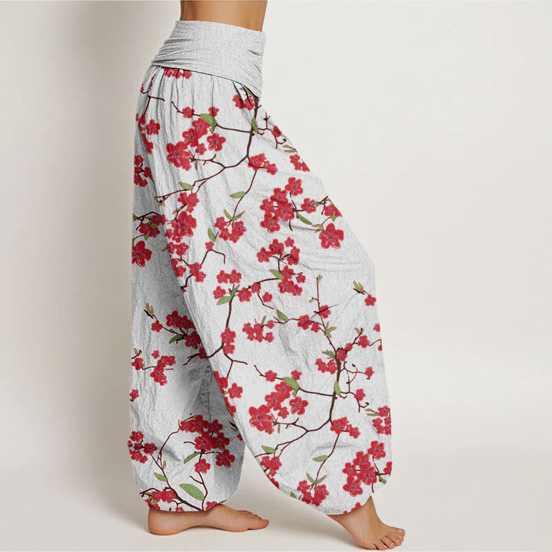 Pantaloni harem da donna con elastico in vita e motivo a fiori di pesco rosso in cotone Buddha Stones - Image 7