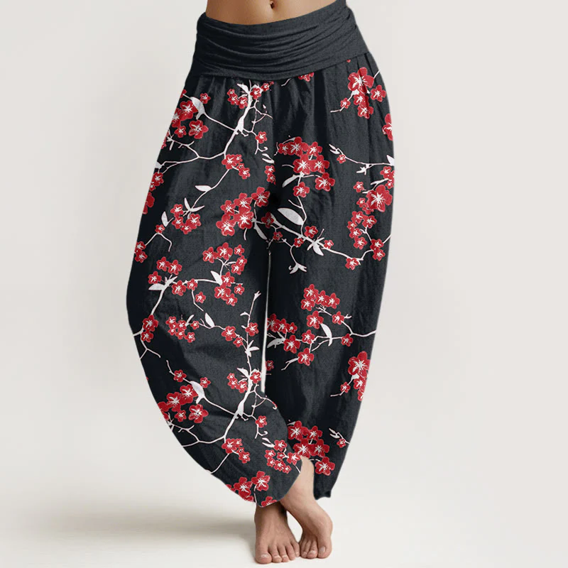 Pantaloni harem da donna con elastico in vita e motivo a fiori di pesco rosso in cotone Buddha Stones - Image 8