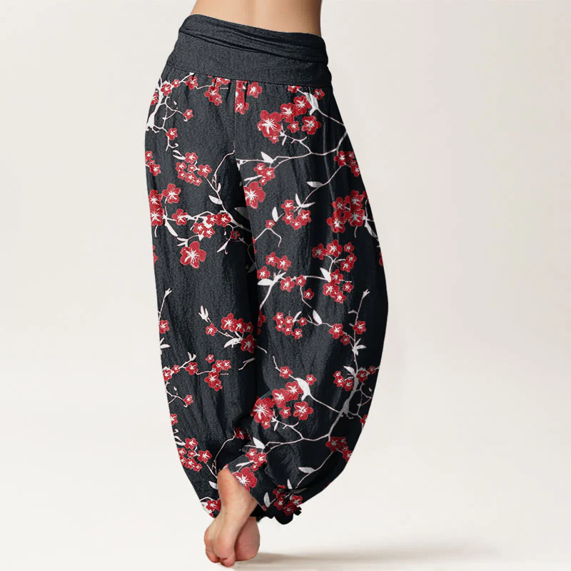 Pantaloni harem da donna con elastico in vita e motivo a fiori di pesco rosso in cotone Buddha Stones - Image 9