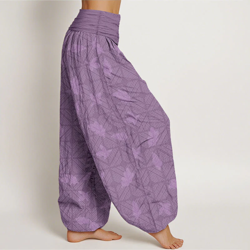 Pantaloni harem da donna con elastico in vita e motivo a foglie a scacchi in cotone con Buddha Stones - Image 11