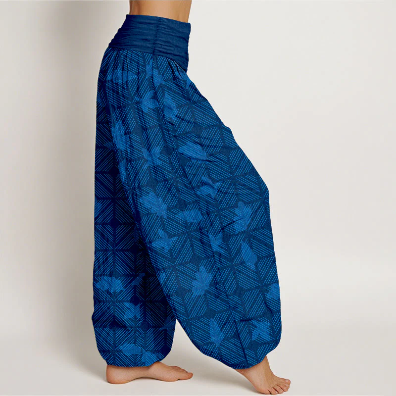 Pantaloni harem da donna con elastico in vita e motivo a foglie a scacchi in cotone con Buddha Stones - Image 3