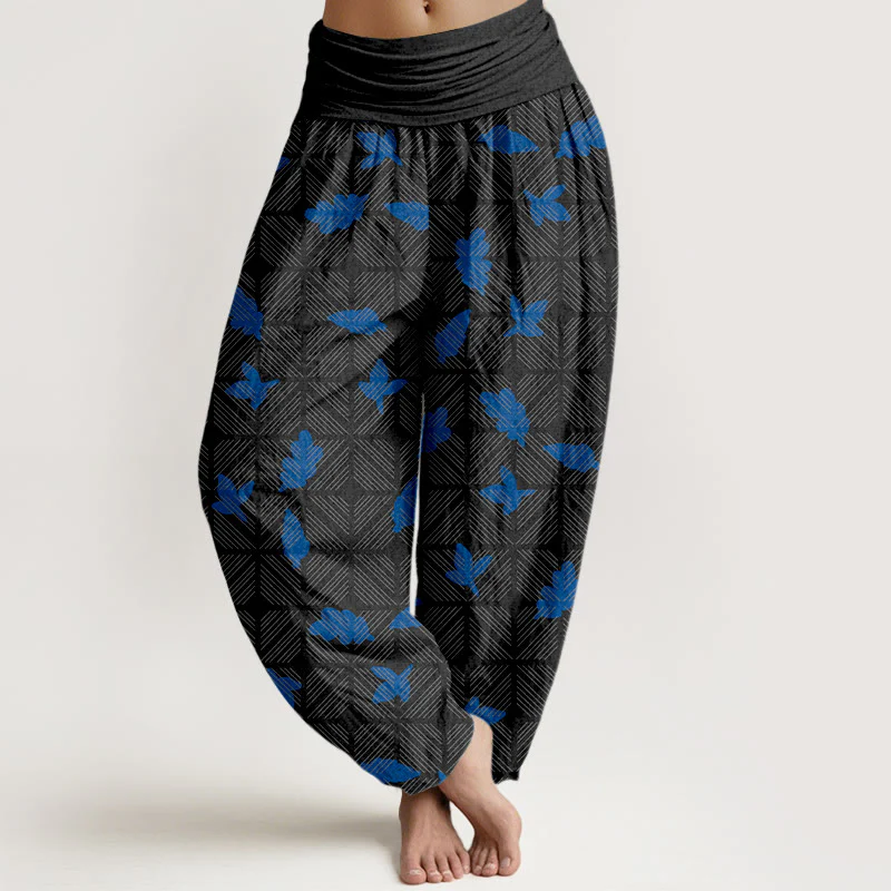 Pantaloni harem da donna con elastico in vita e motivo a foglie a scacchi in cotone con Buddha Stones - Image 6