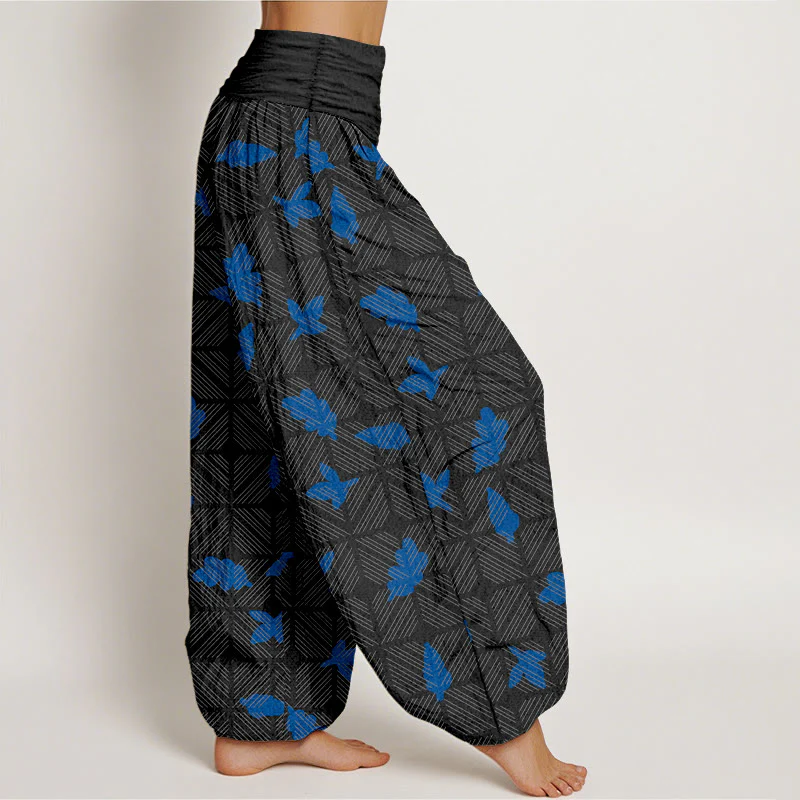 Pantaloni harem da donna con elastico in vita e motivo a foglie a scacchi in cotone con Buddha Stones - Image 8