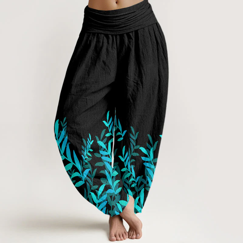 Pantaloni harem da donna con elastico in vita e motivo a foglie casual in cotone con Buddha Stones