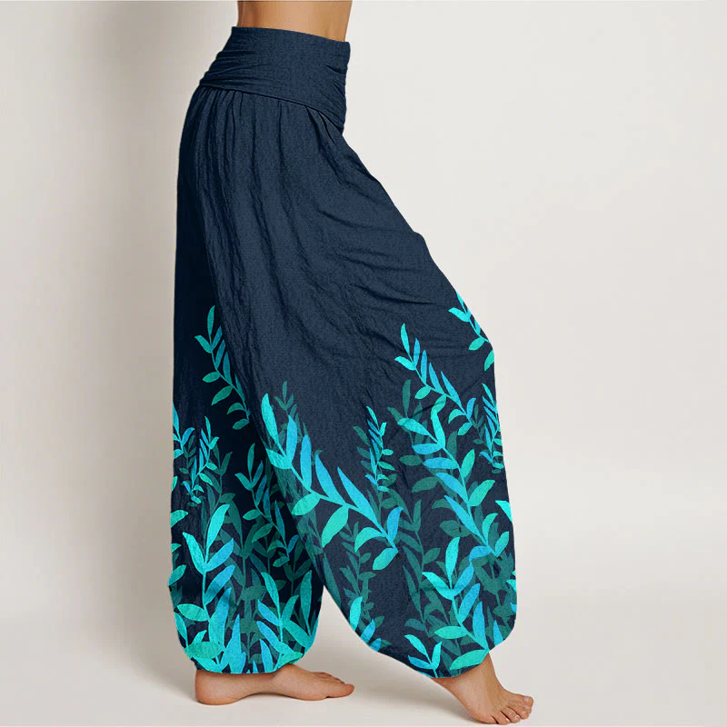 Pantaloni harem da donna con elastico in vita e motivo a foglie casual in cotone con Buddha Stones - Image 10