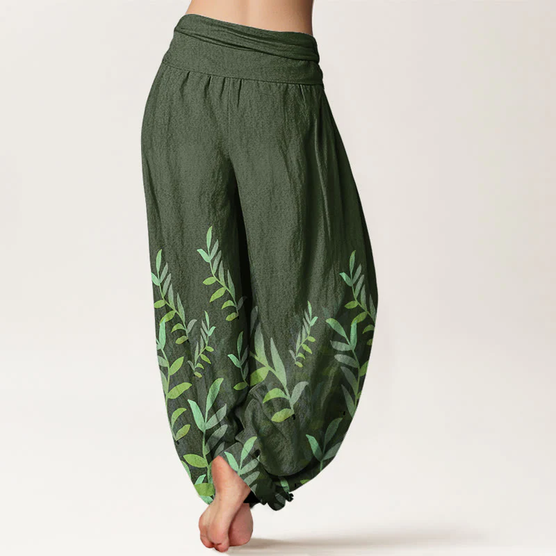 Pantaloni harem da donna con elastico in vita e motivo a foglie casual in cotone con Buddha Stones - Image 6