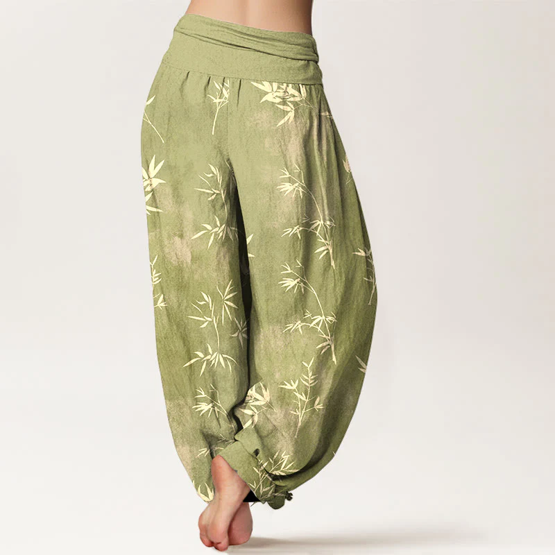 Pantaloni harem da donna con elastico in vita e motivo a foglie di bambù semplici in cotone con Buddha Stones - Image 7
