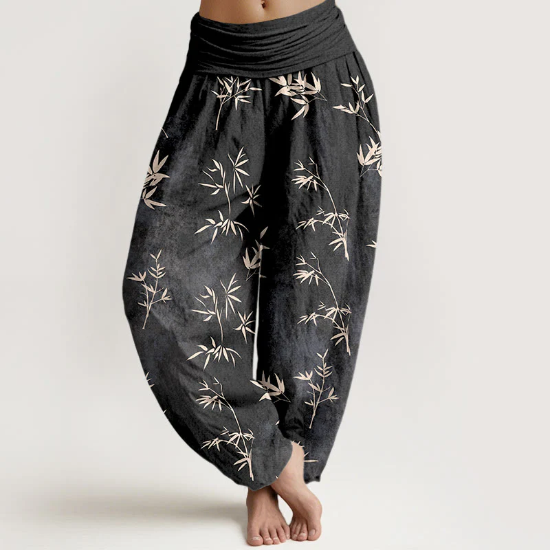 Pantaloni harem da donna con elastico in vita e motivo a foglie di bambù semplici in cotone con Buddha Stones - Image 9