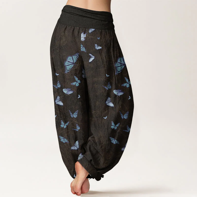 Pantaloni harem da donna con elastico in vita e motivo a foglie e farfalle in cotone Buddha Stones - Image 2