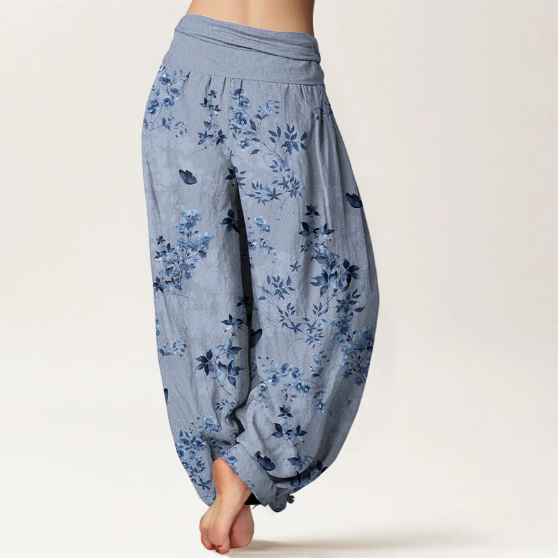 Pantaloni harem da donna con elastico in vita e motivo a foglie e fiori in cotone con Buddha Stones - Image 10