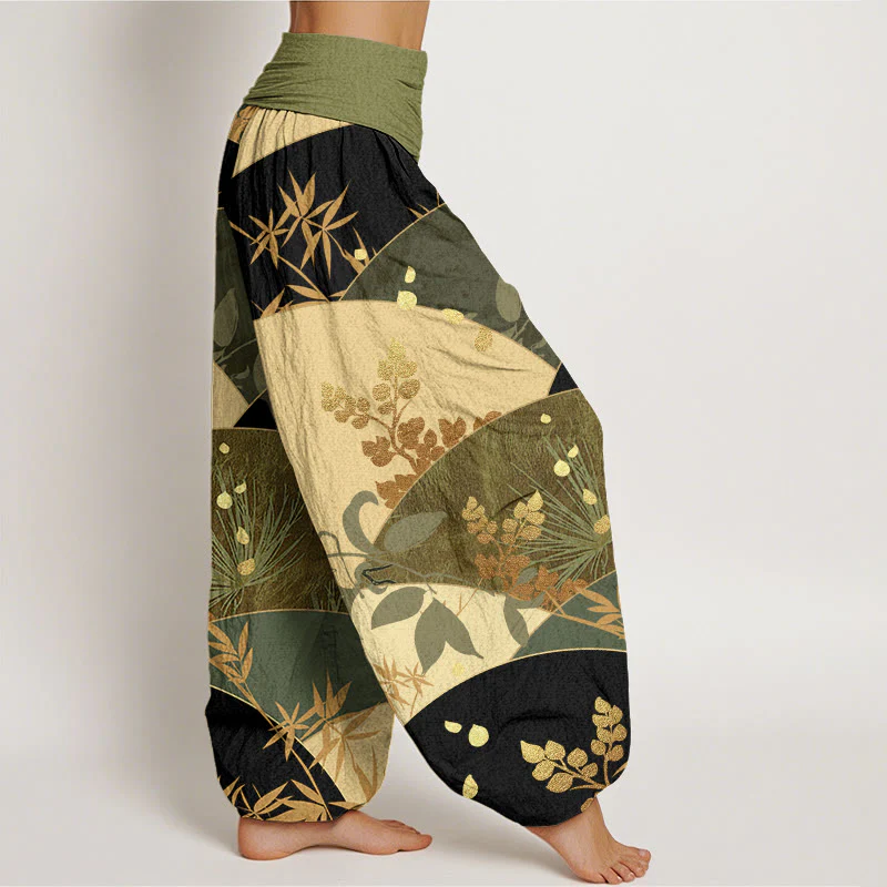 Pantaloni harem da donna con elastico in vita e motivo a foglie semicircolari in cotone con Buddha Stones - Image 10