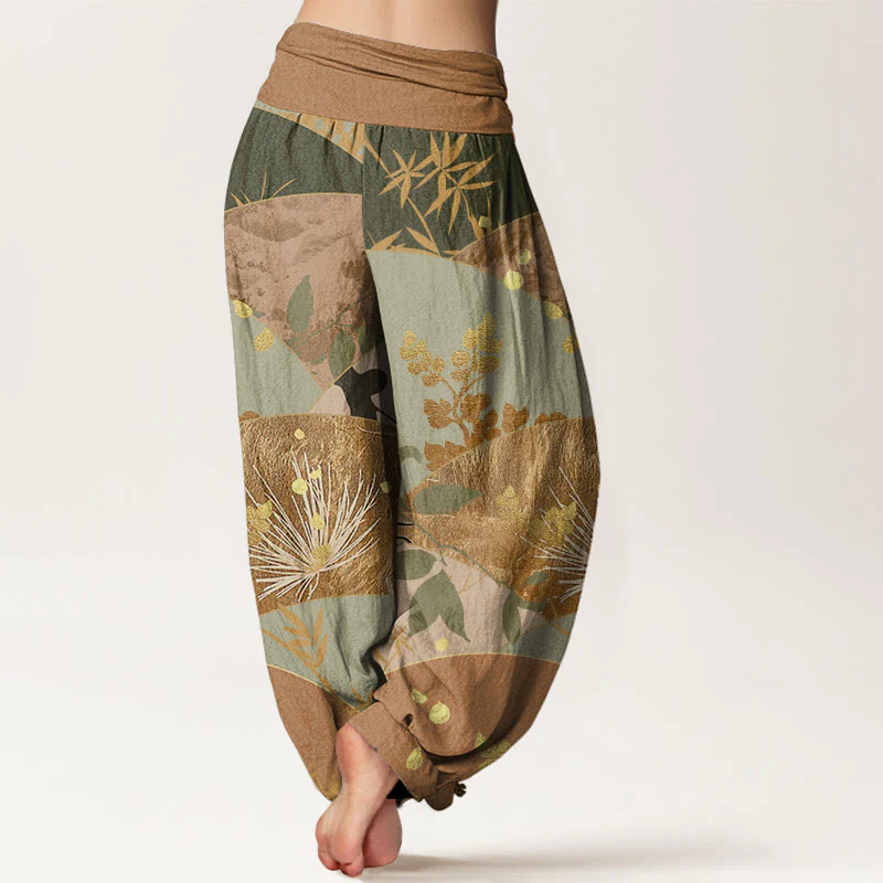 Pantaloni harem da donna con elastico in vita e motivo a foglie semicircolari in cotone con Buddha Stones - Image 2