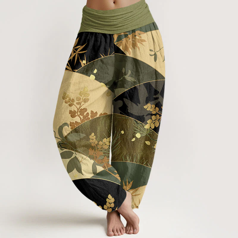 Pantaloni harem da donna con elastico in vita e motivo a foglie semicircolari in cotone con Buddha Stones - Image 8