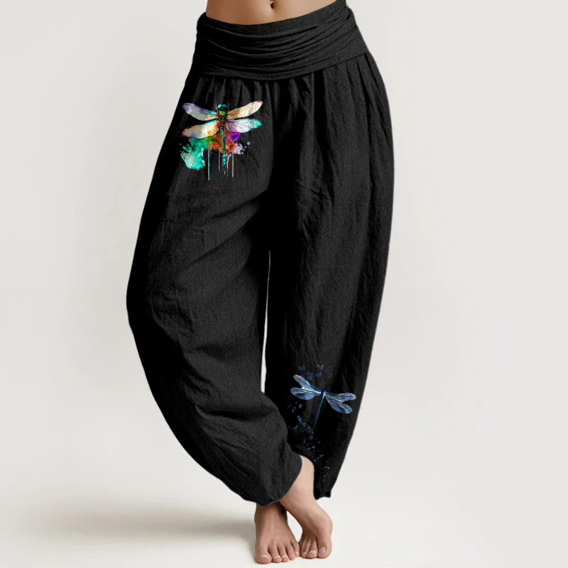 Pantaloni harem da donna con elastico in vita e motivo a libellula in puro cotone Buddha Stones