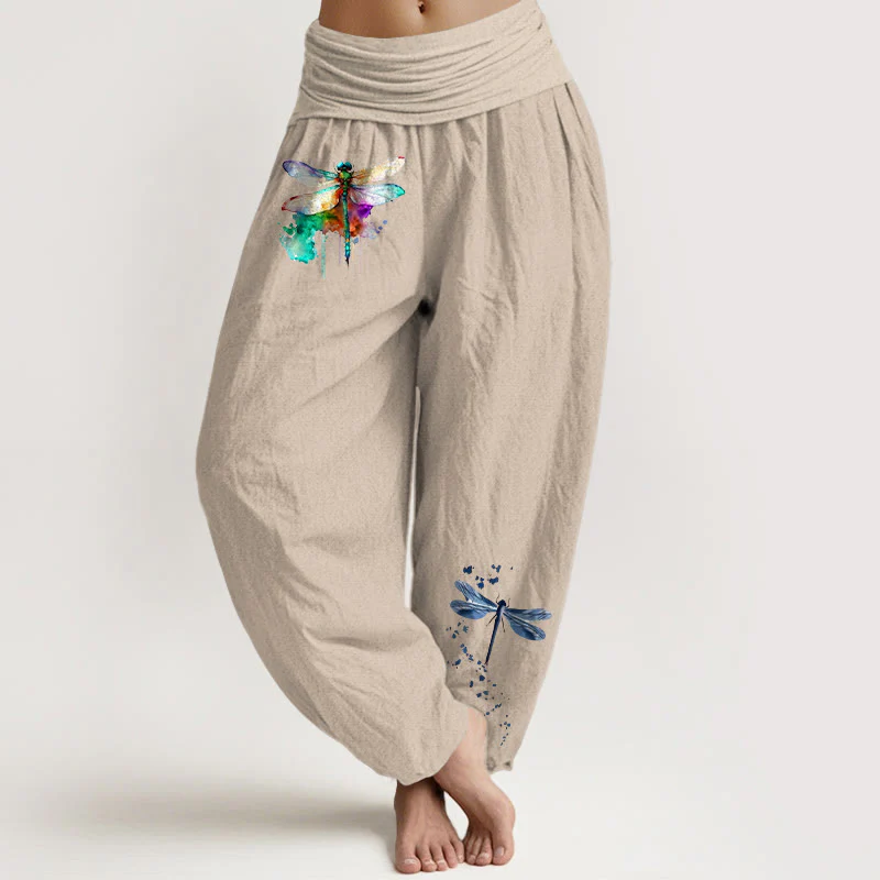 Pantaloni harem da donna con elastico in vita e motivo a libellula in puro cotone Buddha Stones - Image 12