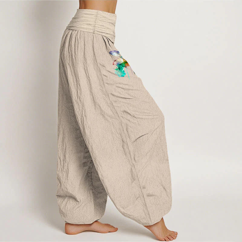 Pantaloni harem da donna con elastico in vita e motivo a libellula in puro cotone Buddha Stones - Image 14
