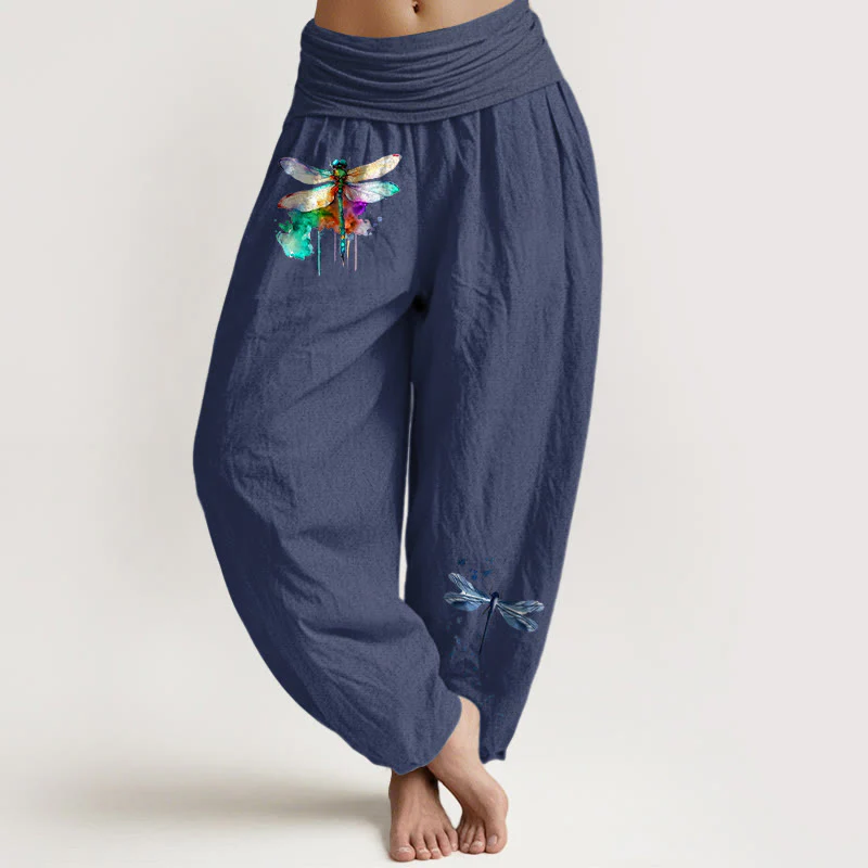Pantaloni harem da donna con elastico in vita e motivo a libellula in puro cotone Buddha Stones - Image 6
