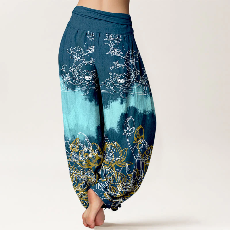 Pantaloni harem da donna con elastico in vita e motivo a loto colorato in cotone con Buddha Stones - Image 10