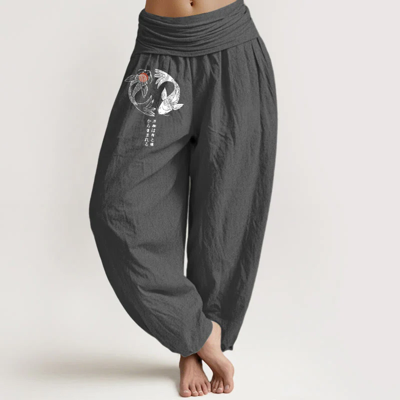 Pantaloni harem da donna con elastico in vita e motivo a pesci koi in puro cotone Buddha Stones