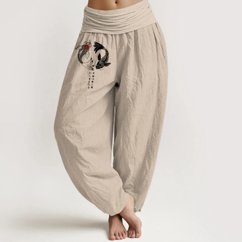 Pantaloni harem da donna con elastico in vita e motivo a pesci koi in puro cotone Buddha Stones - Image 12