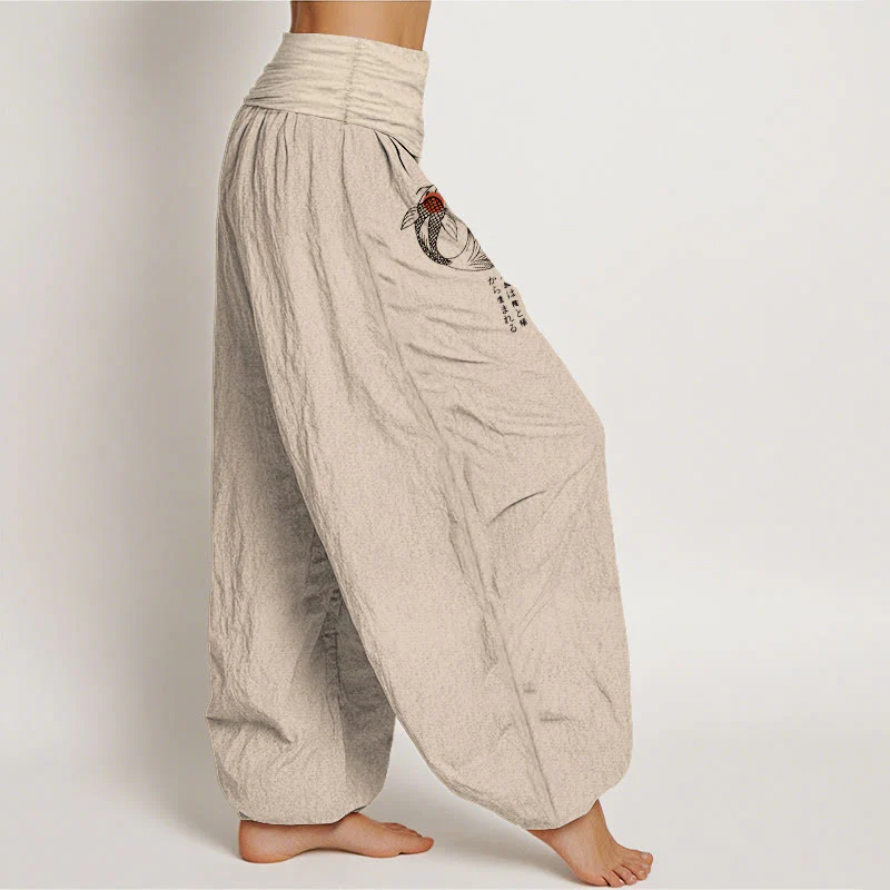 Pantaloni harem da donna con elastico in vita e motivo a pesci koi in puro cotone Buddha Stones - Image 14
