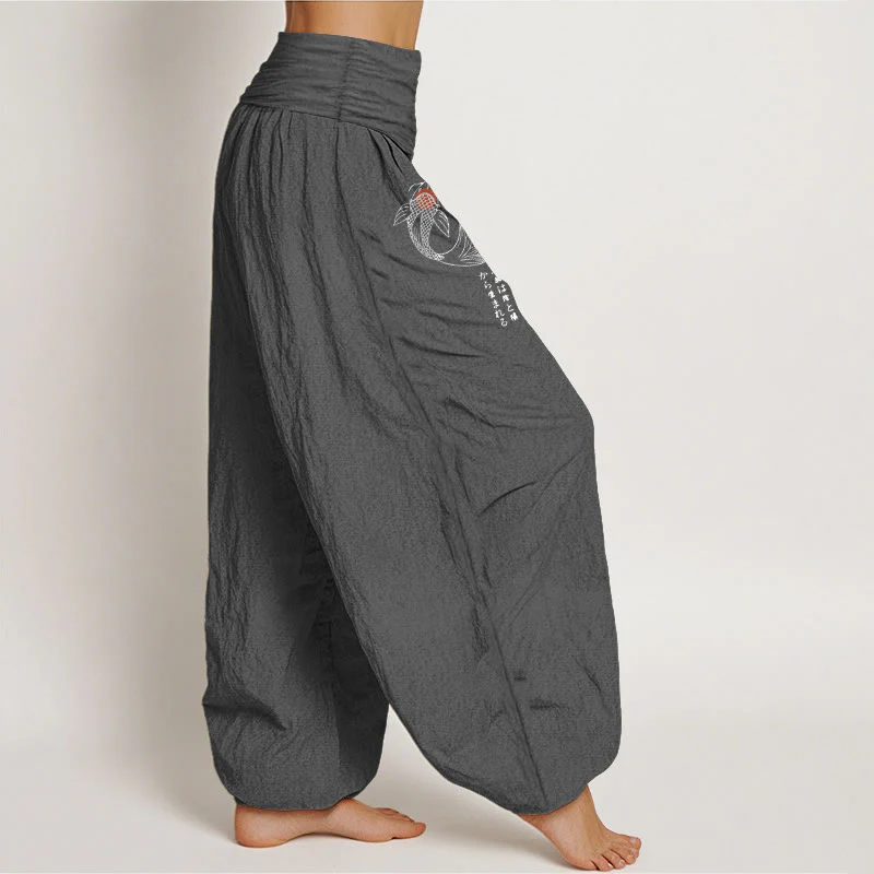 Pantaloni harem da donna con elastico in vita e motivo a pesci koi in puro cotone Buddha Stones - Image 3