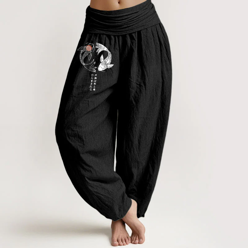 Pantaloni harem da donna con elastico in vita e motivo a pesci koi in puro cotone Buddha Stones - Image 6