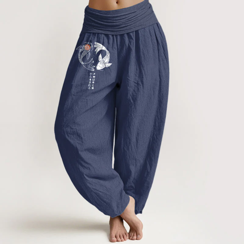 Pantaloni harem da donna con elastico in vita e motivo a pesci koi in puro cotone Buddha Stones - Image 9