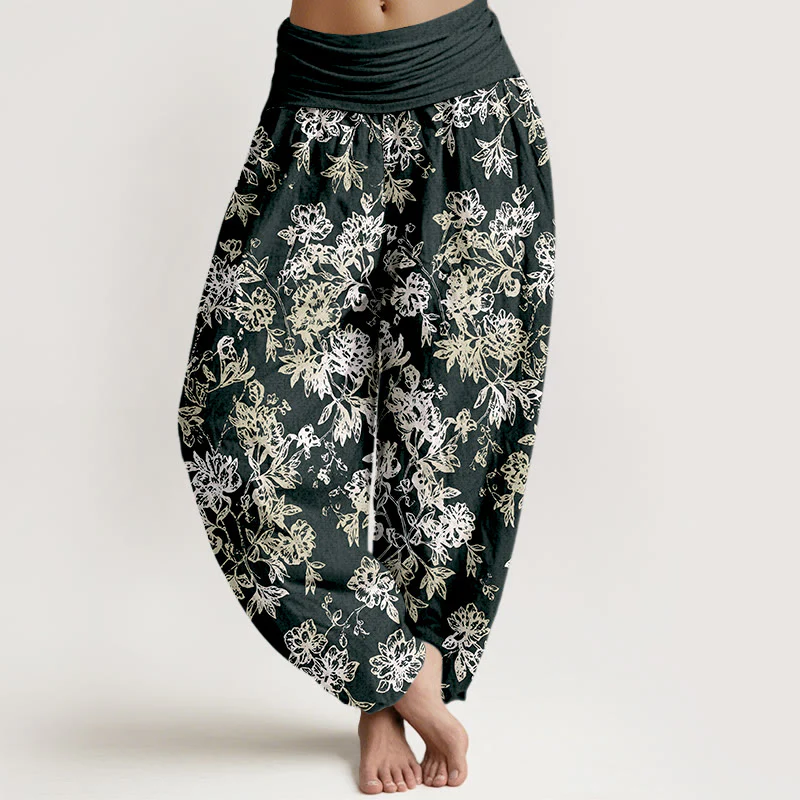 Pantaloni harem da donna con elastico in vita e motivo a petali a strati retrò in cotone Buddha Stones