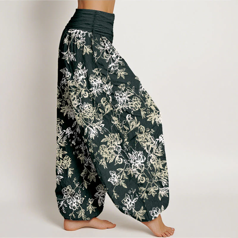 Pantaloni harem da donna con elastico in vita e motivo a petali a strati retrò in cotone Buddha Stones - Image 3