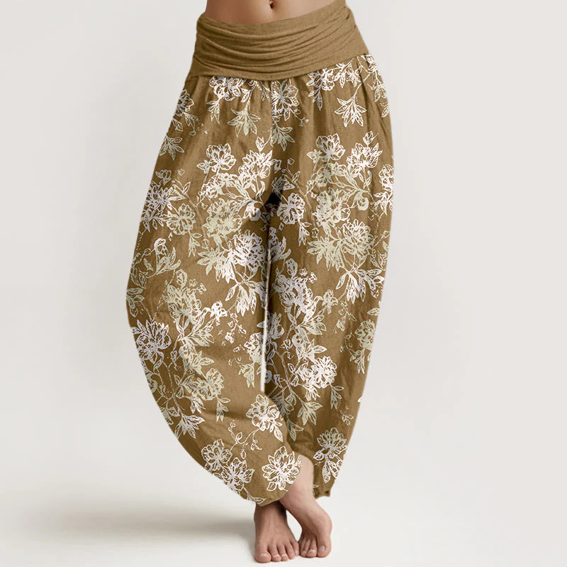 Pantaloni harem da donna con elastico in vita e motivo a petali a strati retrò in cotone Buddha Stones - Image 6