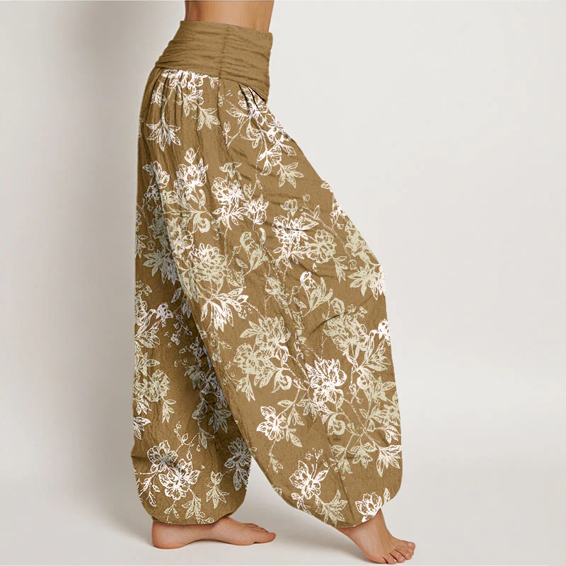 Pantaloni harem da donna con elastico in vita e motivo a petali a strati retrò in cotone Buddha Stones - Image 8