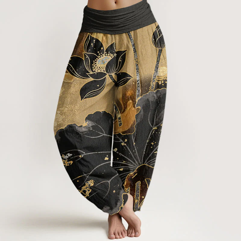 Pantaloni harem da donna con elastico in vita, modello casual in cotone con motivo a petali di loto, motivo Buddha Stones