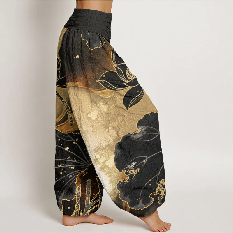 Pantaloni harem da donna con elastico in vita, modello casual in cotone con motivo a petali di loto, motivo Buddha Stones - Image 2
